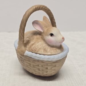 Vintage Bunny Rabbit On A Basket Trinket Box Easter Figurine Holiday Decor Gift